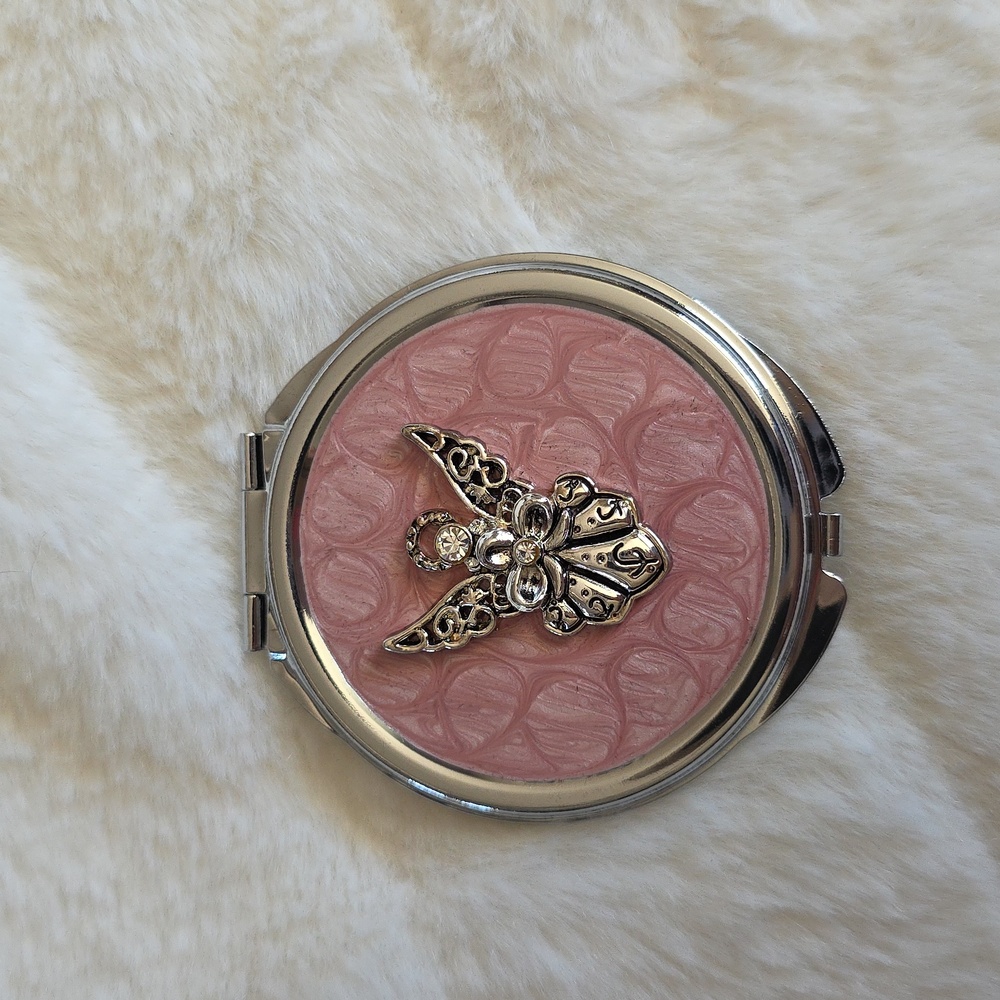 New Pink Compact Mirror with Angel Rhinestone Design